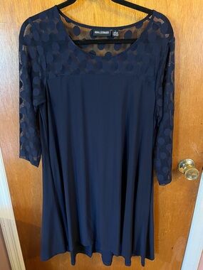 Nina Leonard Navy Polka Dot Mesh Yoke Swing Dress